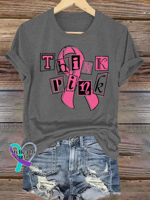 Think Pink Breast Cancer Awareness Printed Casual Crew Neck Short Sleeve T-Shirt Grey / S