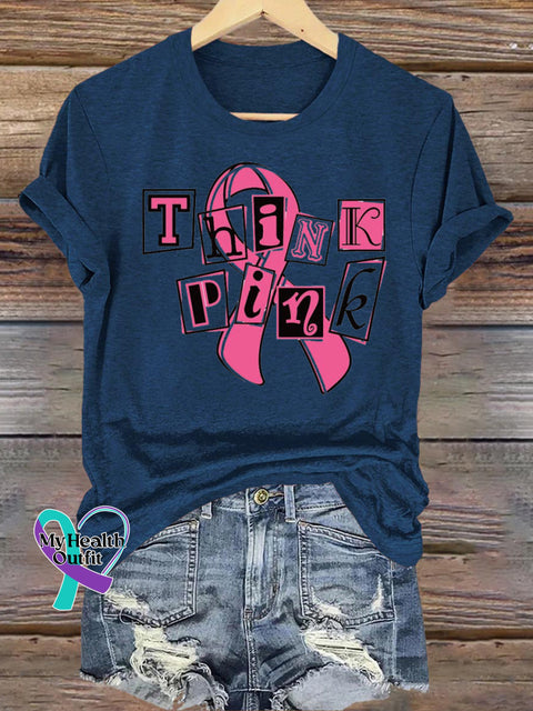 Think Pink Breast Cancer Awareness Printed Casual Crew Neck Short Sleeve T-Shirt NavyBlue / S