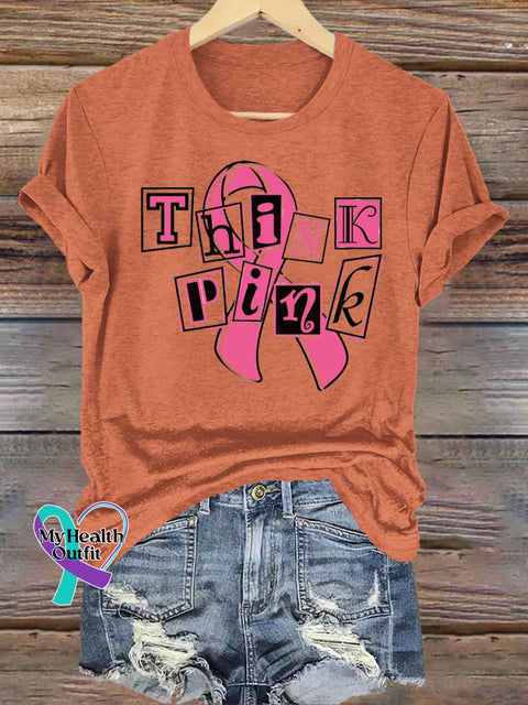 Think Pink Breast Cancer Awareness Printed Casual Crew Neck Short Sleeve T-Shirt Orange / S