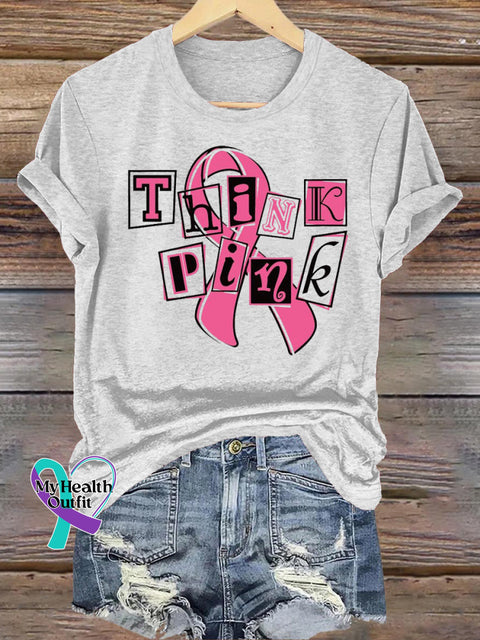 Think Pink Breast Cancer Awareness Printed Casual Crew Neck Short Sleeve T-Shirt White / S