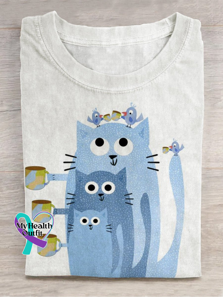 Three Blue Cats Print T-Shirt Multicolor / S