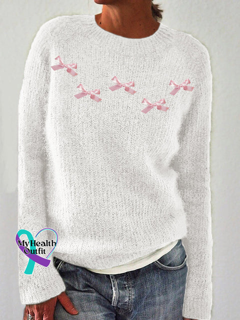 Tiny Pink Ribbon Bows Cozy Knit Sweater White / S