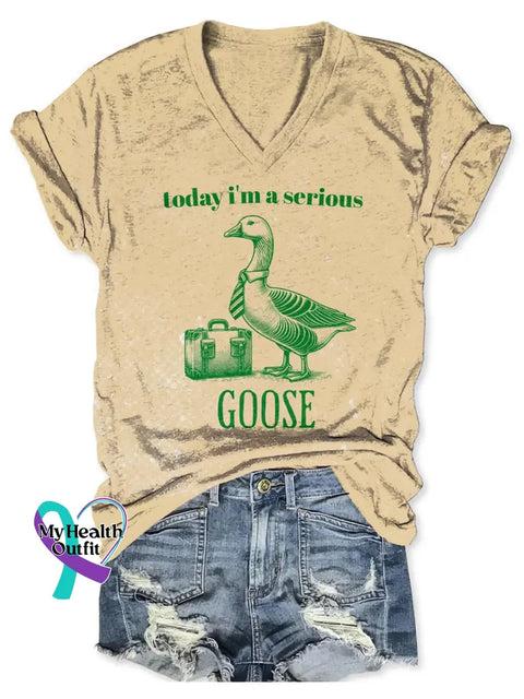 Today I’m A Serious Goose Art Print Casual Cotton T-shirt Khaki / S