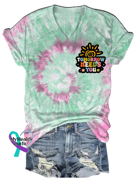 Tomorrow Needs You Tie-Dye Print Casual V-Neck Short Sleeve Multicolor / S