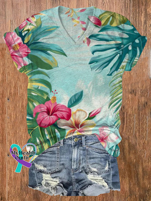 Tropical Floral Art Print Casual V-neck Short Sleeve T-shirt Multicolor / S