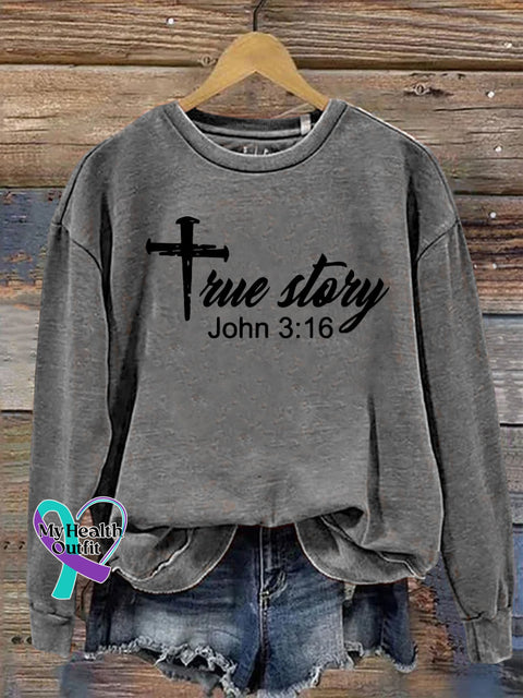 True Story John 3:16 Christmas Jesus Nativity Scene Casual Print Sweatshirt Grey / S