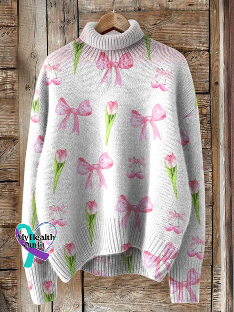 Tulip Art Breast Cancer Awareness Print Knit Turtleneck Pullover Sweater Multicolor / S