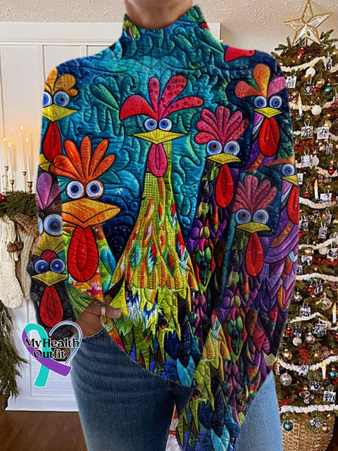 Turkey Art Print Knit Turtleneck Pullover Sweater Multicolor / S