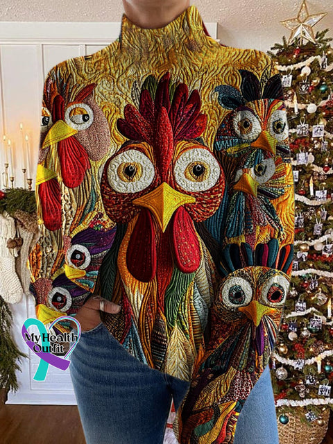 Turkey Art Print Knit Turtleneck Pullover Sweater Multicolor / S