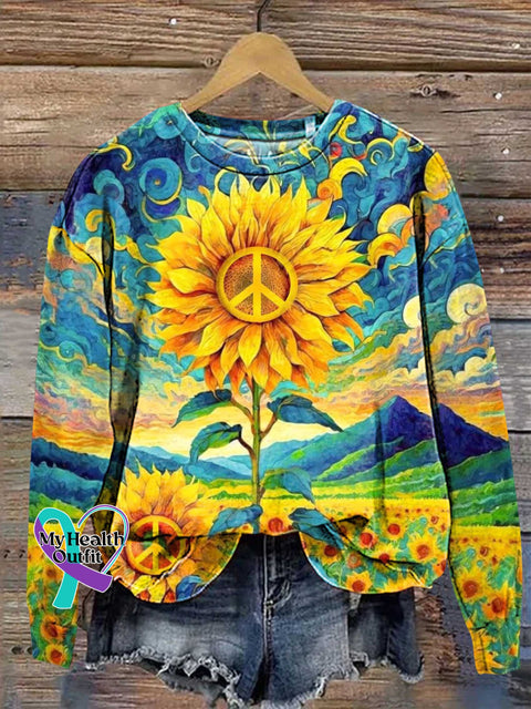Ukrainian Peace Sign Sunflower Love and Peace Casual Sweashirt Multicolor / S