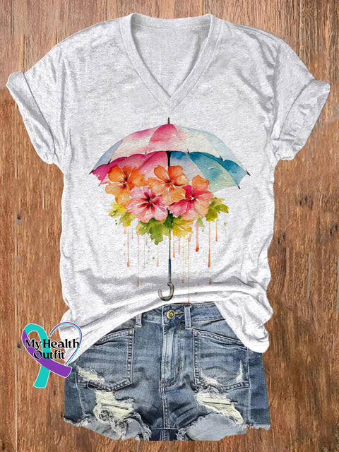 Umbrella Flower Print Casual V-neck Short Sleeve T-shirt Multicolor / S