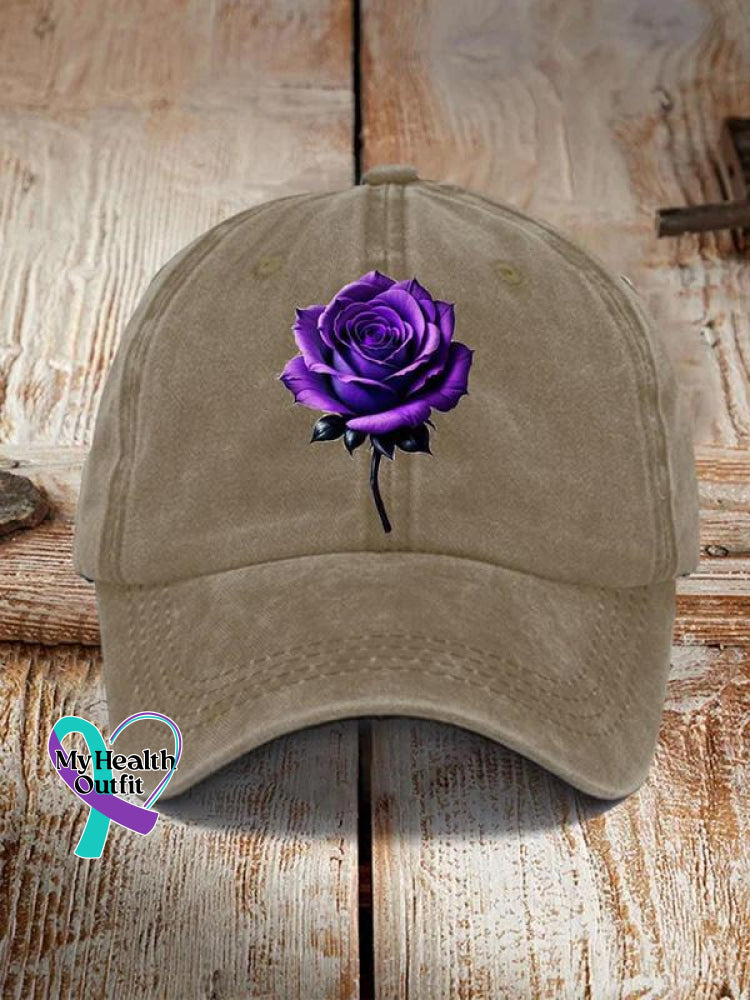Unisex Alzheimer’s Awareness Purple Rose Printed Hat Khaki / Onesize