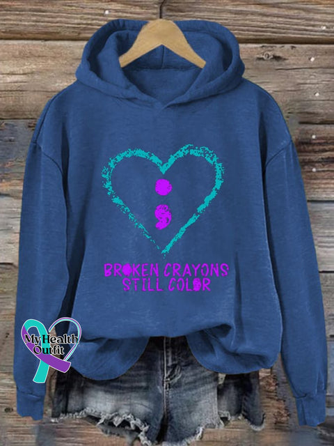 Unisex Broken Crayons Still Color Suicide Prevention Print Casual Long Sleeve Hoodie Blue / S