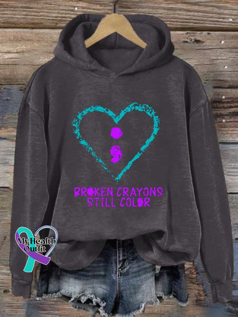 Unisex Broken Crayons Still Color Suicide Prevention Print Casual Long Sleeve Hoodie Dark Grey / S