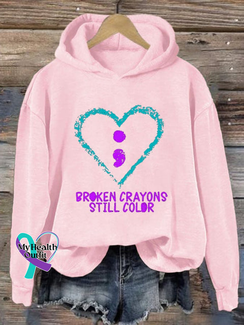 Unisex Broken Crayons Still Color Suicide Prevention Print Casual Long Sleeve Hoodie Pink / S