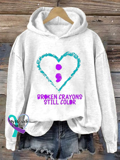 Unisex Broken Crayons Still Color Suicide Prevention Print Casual Long Sleeve Hoodie White / S