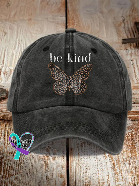 Unisex Distressed Washed Cotton Cup Be Kind Butterfly Print Hat Black / One-Size