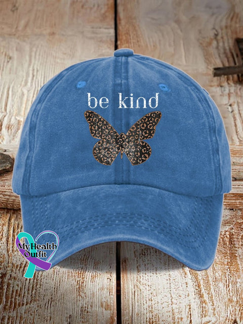 Unisex Distressed Washed Cotton Cup Be Kind Butterfly Print Hat Blue / One-Size
