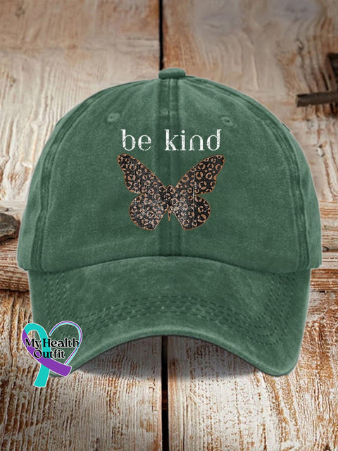 Unisex Distressed Washed Cotton Cup Be Kind Butterfly Print Hat Green / One-Size