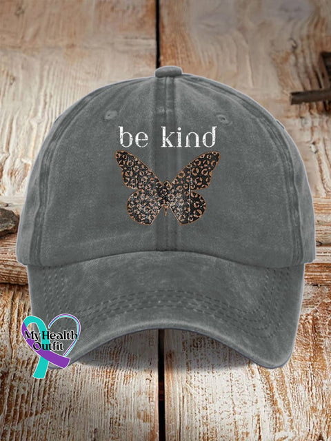 Unisex Distressed Washed Cotton Cup Be Kind Butterfly Print Hat Grey / One-Size
