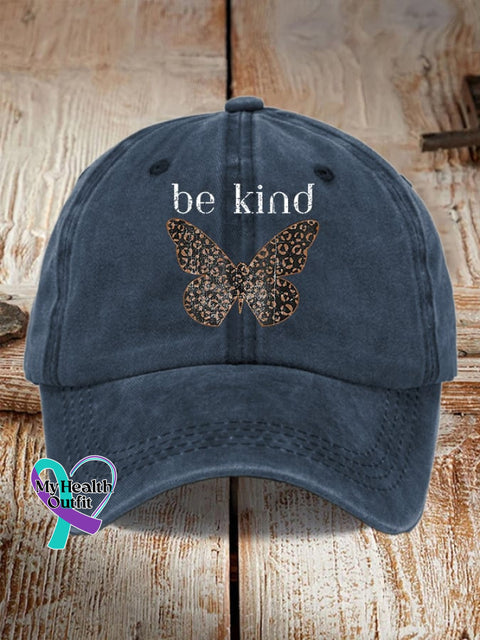 Unisex Distressed Washed Cotton Cup Be Kind Butterfly Print Hat Navy / One-Size