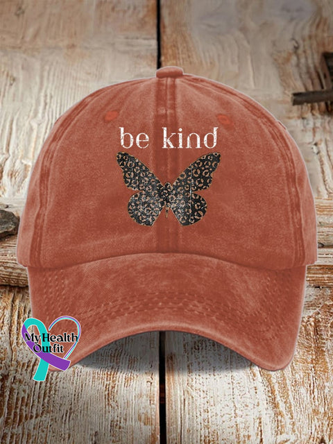 Unisex Distressed Washed Cotton Cup Be Kind Butterfly Print Hat Orange / One-Size