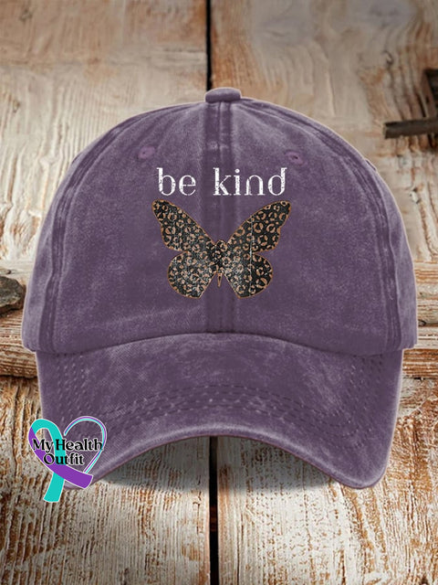 Unisex Distressed Washed Cotton Cup Be Kind Butterfly Print Hat Purple / One-Size