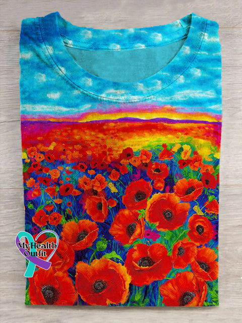 Unisex Oil Painting Landscape Flower Abstract Print T-Shirt Red / S