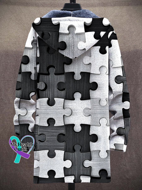 Unisex Plush Puzzle Art Casual Print Thick Long-Sleeved Sweater Coat Cardigan
