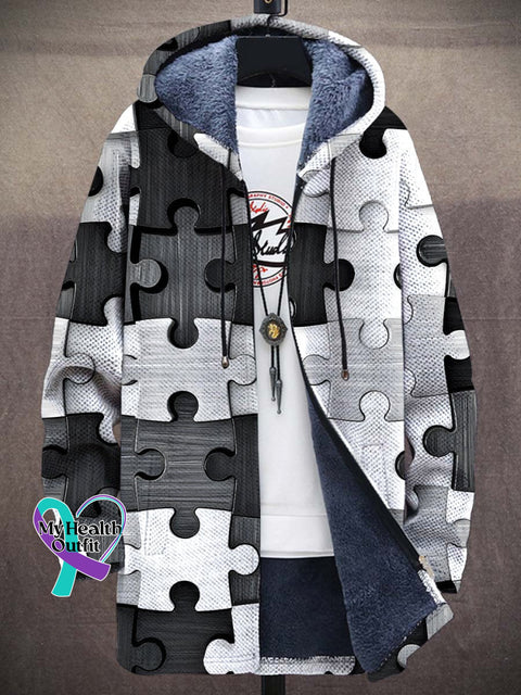 Unisex Plush Puzzle Art Casual Print Thick Long-Sleeved Sweater Coat Cardigan White / S