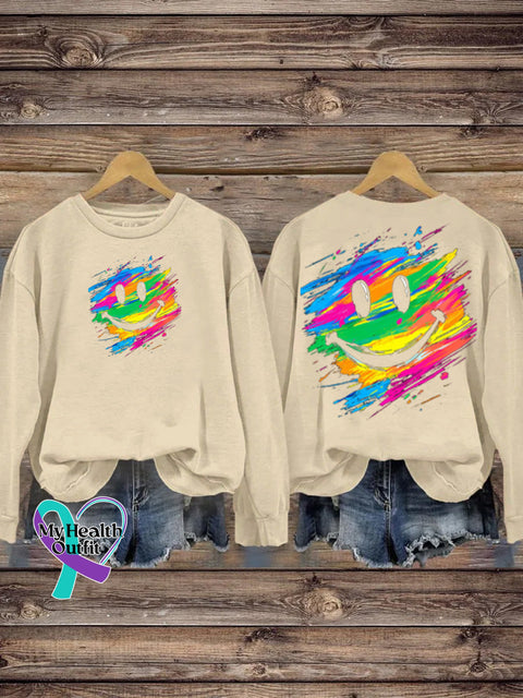 Unisex Rainbow Smiley Print Casual Crew Neck Sweatshirt Beige / S