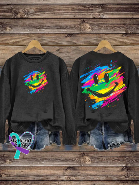 Unisex Rainbow Smiley Print Casual Crew Neck Sweatshirt Black / S