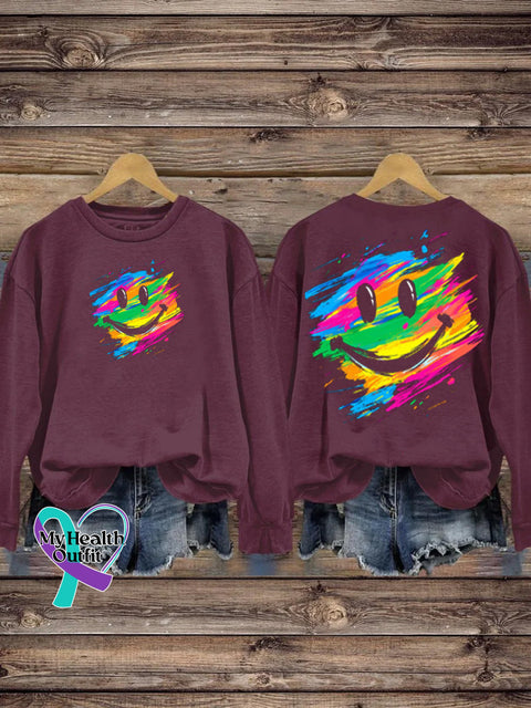 Unisex Rainbow Smiley Print Casual Crew Neck Sweatshirt Brwon / S
