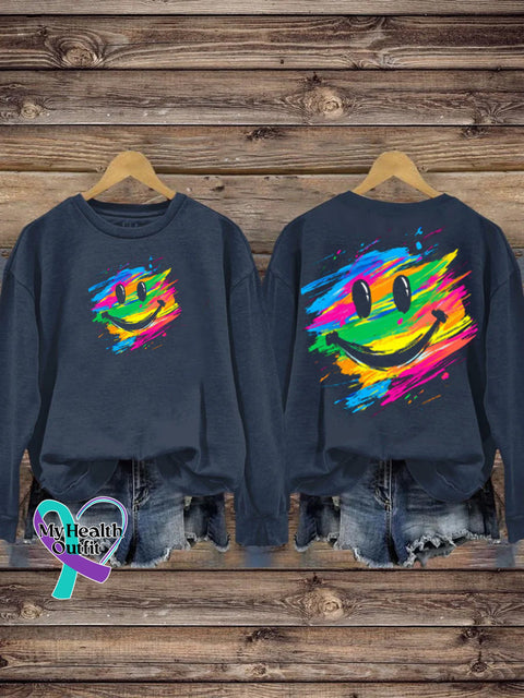 Unisex Rainbow Smiley Print Casual Crew Neck Sweatshirt NavyBlue / S