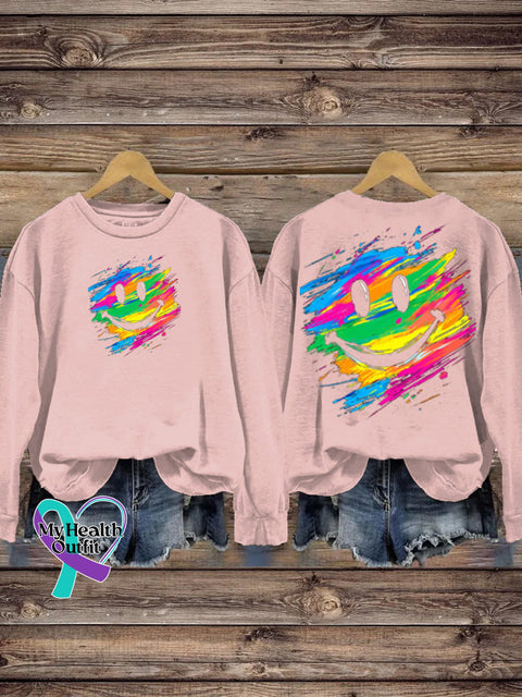Unisex Rainbow Smiley Print Casual Crew Neck Sweatshirt Pink / S