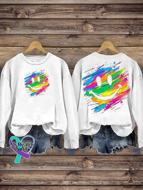 Unisex Rainbow Smiley Print Casual Crew Neck Sweatshirt White / S