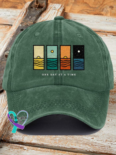Unisex Retro One Day At A Time Print Baseball Cap Green / One-Size