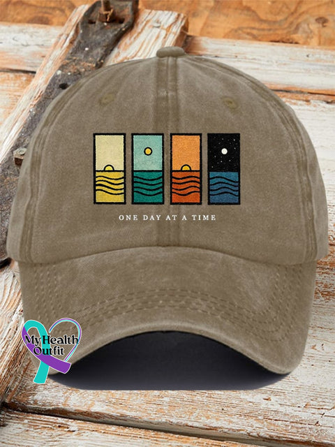 Unisex Retro One Day At A Time Print Baseball Cap Khaki / One-Size