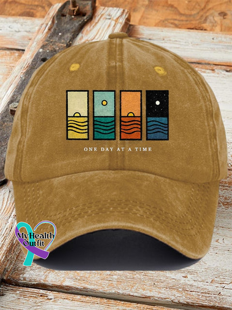 Unisex Retro One Day At A Time Print Baseball Cap turmeric / One-Size