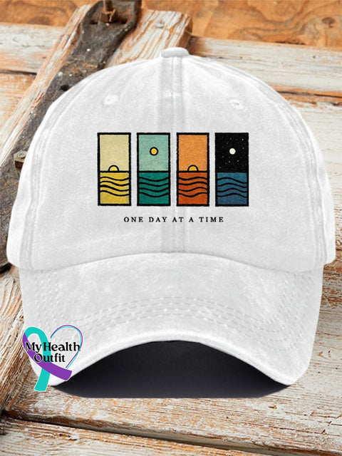 Unisex Retro One Day At A Time Print Baseball Cap White / One-Size