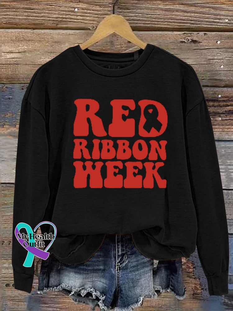 Unisex Women’s Men’s Red Ribbon Week Awareness Casual Print Sweatshirt Black / S