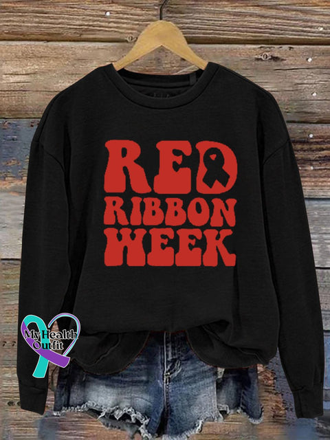 Unisex Women’s Men’s Red Ribbon Week Awareness Casual Print Sweatshirt Black / S