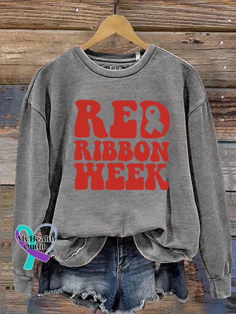 Unisex Women’s Men’s Red Ribbon Week Awareness Casual Print Sweatshirt Grey / S