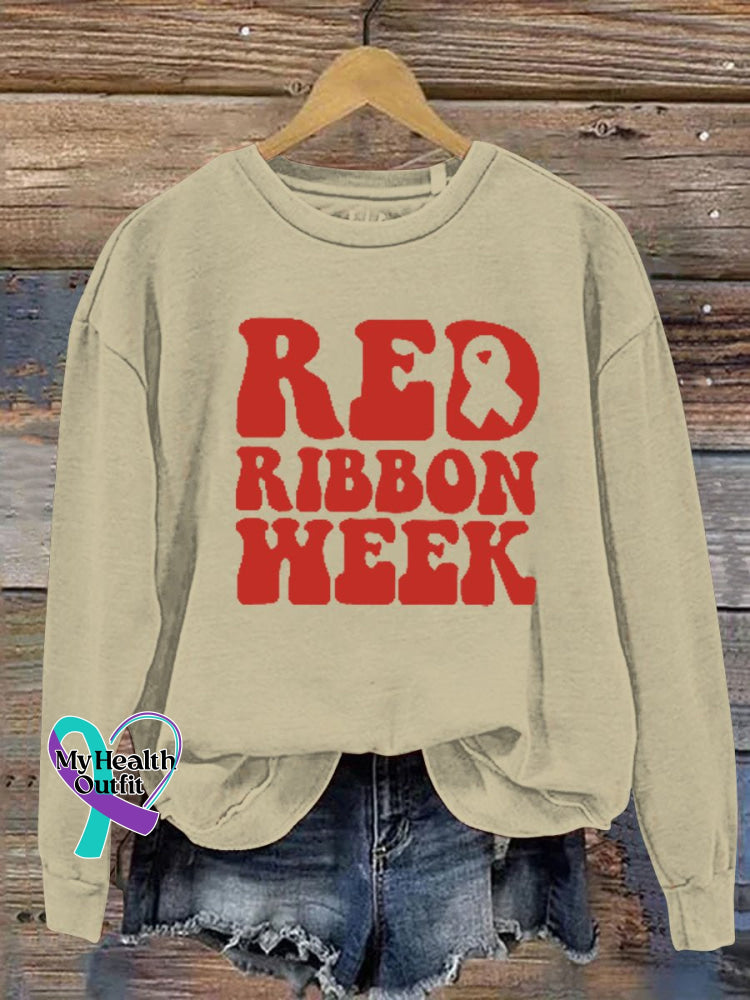 Unisex Women’s Men’s Red Ribbon Week Awareness Casual Print Sweatshirt Sand / S