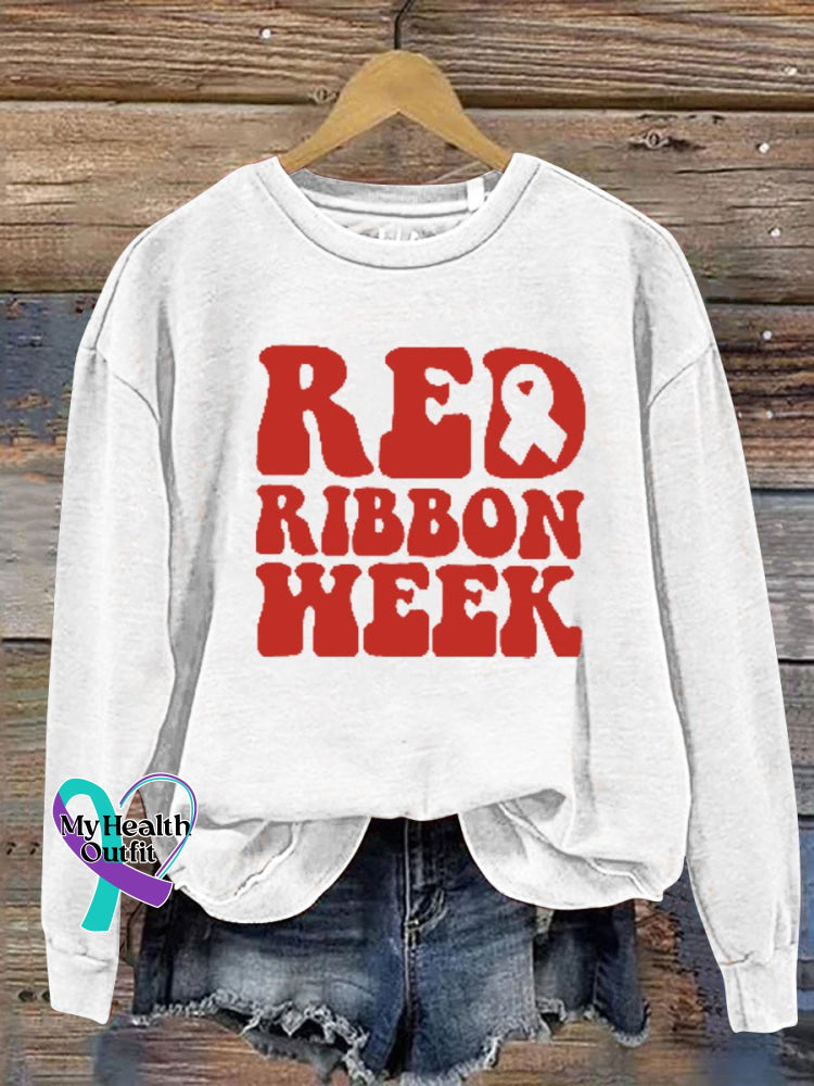 Unisex Women’s Men’s Red Ribbon Week Awareness Casual Print Sweatshirt White / S