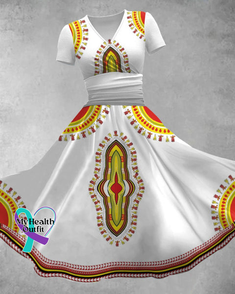 V Neck African Classic Traditional Print Maxi Dress White / S