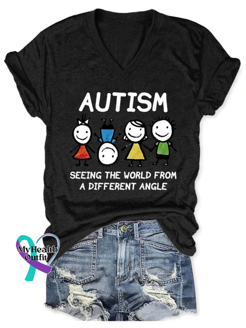 V-Neck Autism Awareness Seeing The World From A Different Angle Print T-Shirt Black / S