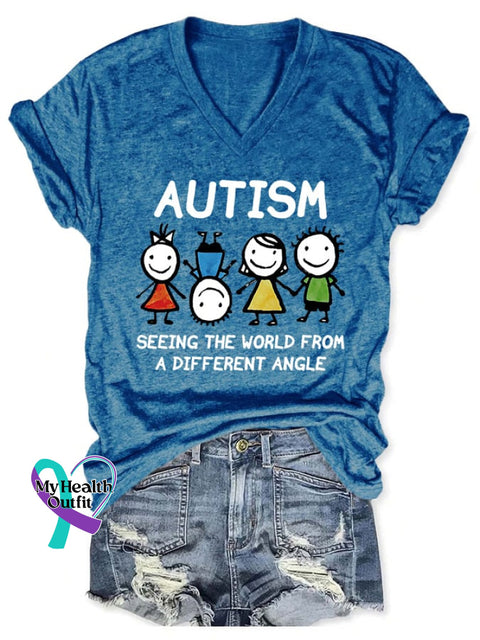 V-Neck Autism Awareness Seeing The World From A Different Angle Print T-Shirt Blue / S