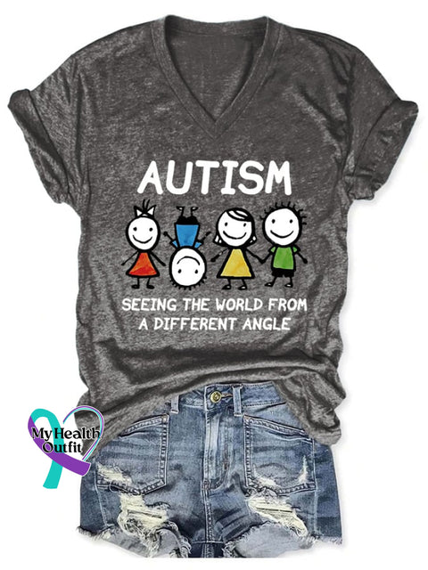 V-Neck Autism Awareness Seeing The World From A Different Angle Print T-Shirt Dark Grey / S