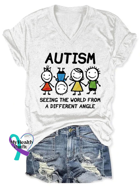 V-Neck Autism Awareness Seeing The World From A Different Angle Print T-Shirt White / S